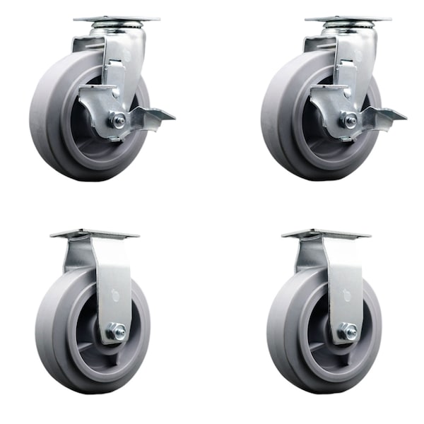 6 Inch Thermoplastic Rubber Caster Set with Roller Bearings 2 Brakes 2 Rigid